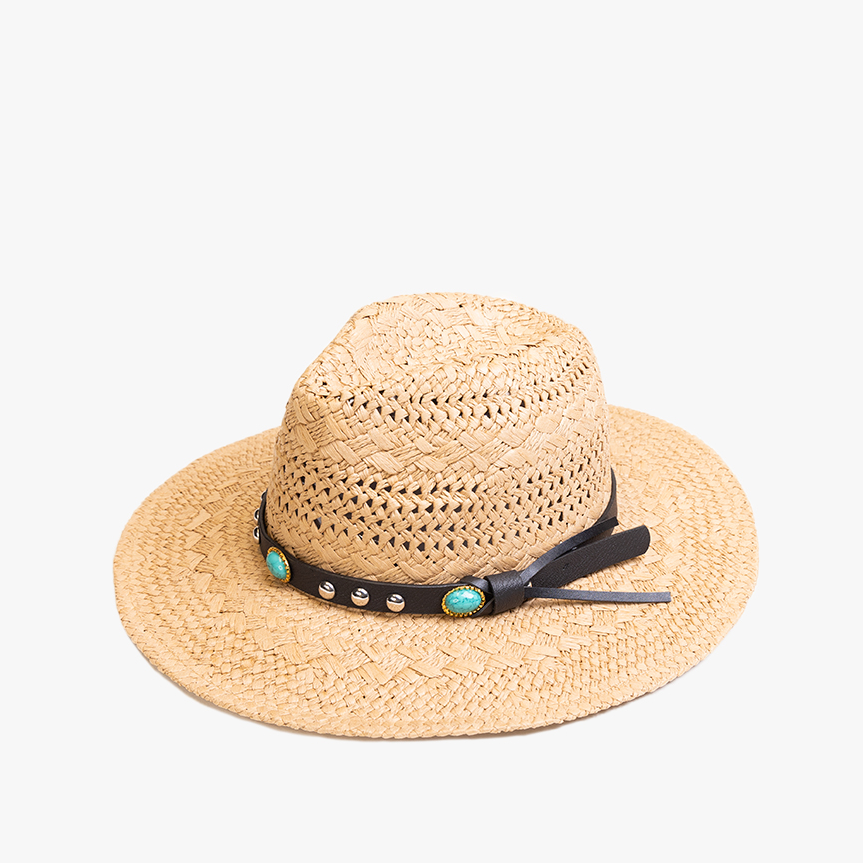 Straw Fedora With Black Leather Band